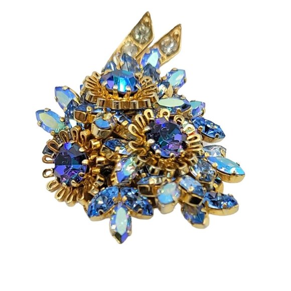 Vintage Signed Austria Crystal Brooch, Rare Icy Blue Pin  Austria Gold Tone Blue Crystal Clear Rhinestones Floral Brooch, Signed